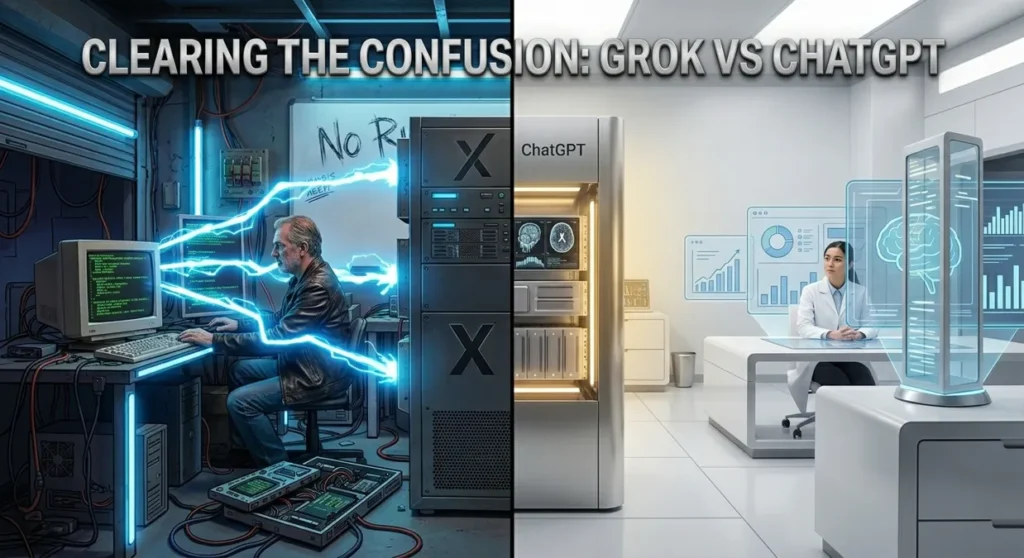 Grok vs ChatGPT in 2026: Which AI Tool Is Better for Coding, Writing, and Real-Time Answers? 3 A split-screen illustration comparing Grok VS ChatGPT. Left side shows Grok in a cyberpunk garage workshop with chaotic raw data, blue neon lights, and a “No Rules” whiteboard. Right side shows ChatGPT in a clean, modern research lab with structured data, soft golden lighting, and organized displays. Strong contrast between chaos and order, cinematic and futuristic style.