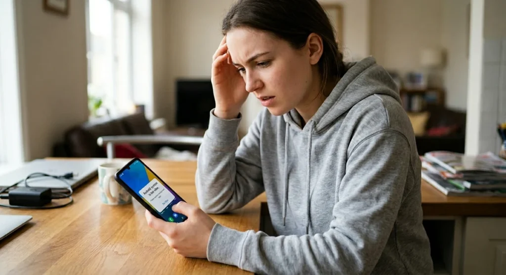 Why Is My Android Phone So Slow? Real Reasons and Fixes That Actually Work image of a confused person staring at her phone screen, illustrating the common issue of why my Android phone is so slow and its slow performance.