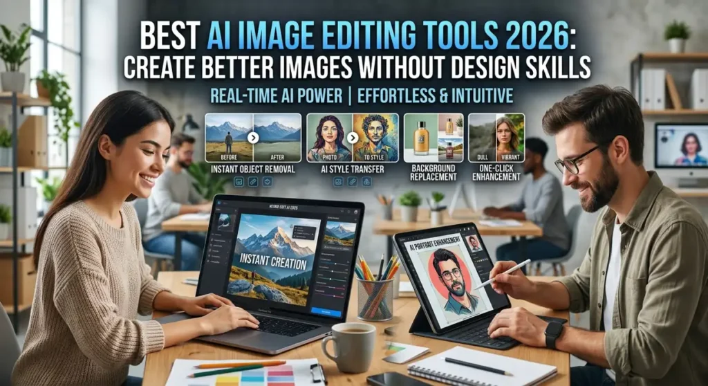 Best AI Image Editing Tools 2026: Create Better Images Without Design Skills A modern, bright collaborative office. The main header reads: 'BEST AI IMAGE EDITING TOOLS 2026: CREATE BETTER IMAGES WITHOUT DESIGN SKILLS'. Below the text, four feature panels show visual examples and labels: 'INSTANT OBJECT REMOVAL', 'AI STYLE TRANSFER', 'BACKGROUND REPLACEMENT', and 'ONE-CLICK ENHANCEMENT'. In the foreground, a woman works on a laptop and a man uses a tablet.