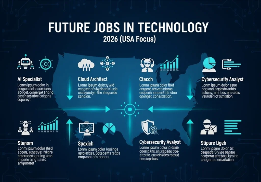 An infographic titled "Future Jobs in Technology 2026 (USA Focus)" featuring icons and job titles like AI Specialist and Cloud Architect over a map of the USA.
