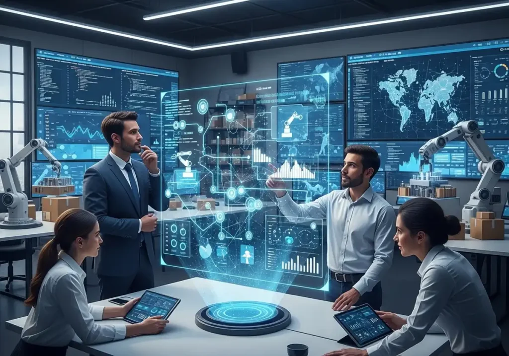 A professional team collaborating with a futuristic 3D holographic data display in a high-tech office.