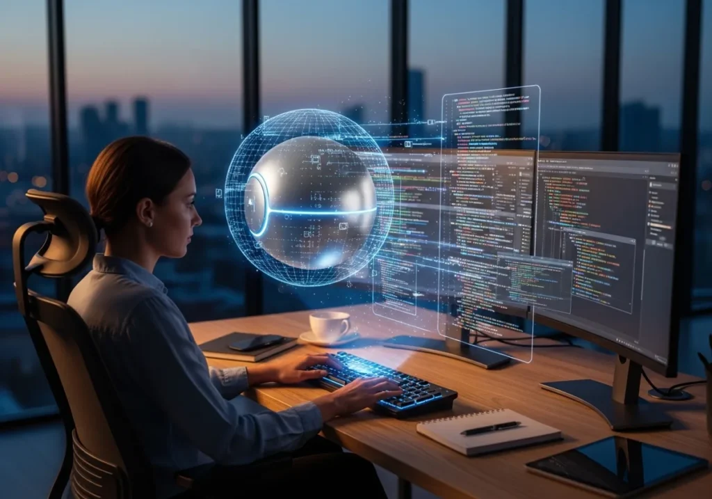 A female developer working at a desk with multiple monitors, featuring a futuristic 3D AI glowing sphere and digital code interfaces floating in front of her.
