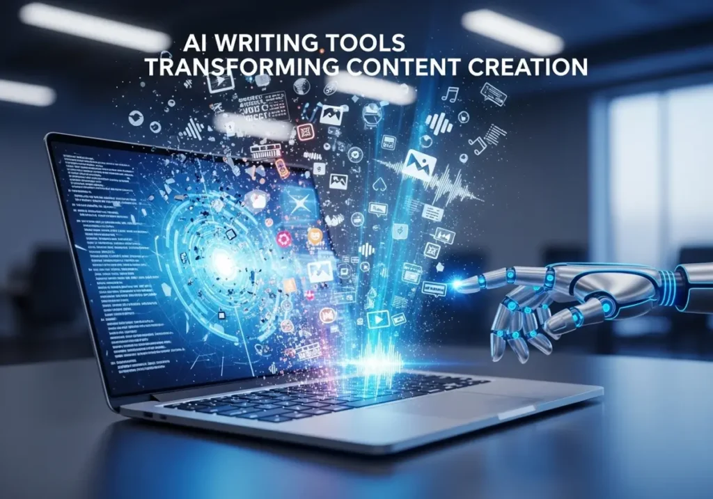 A robotic hand touching a laptop screen with glowing digital icons and the text "AI Writing Tools Transforming Content Creation."