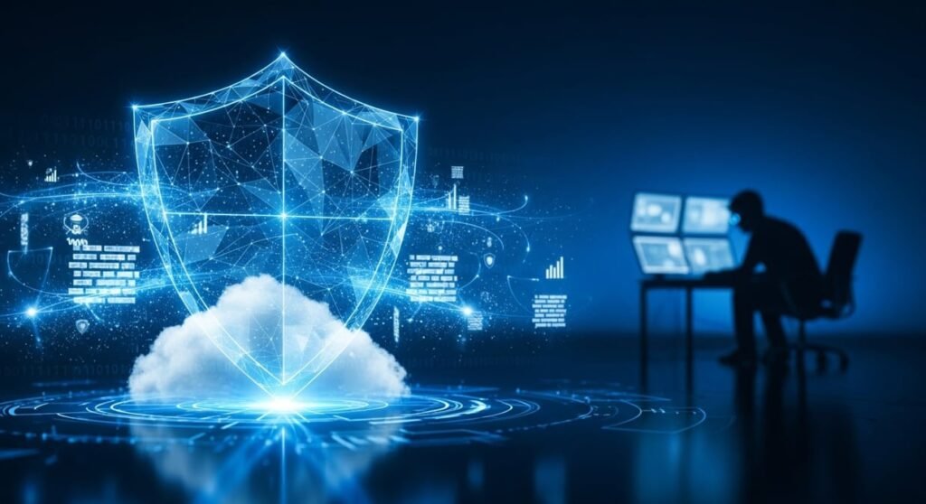 Cybersecurity trends 2026 with digital shield protecting cloud data from cyber threats