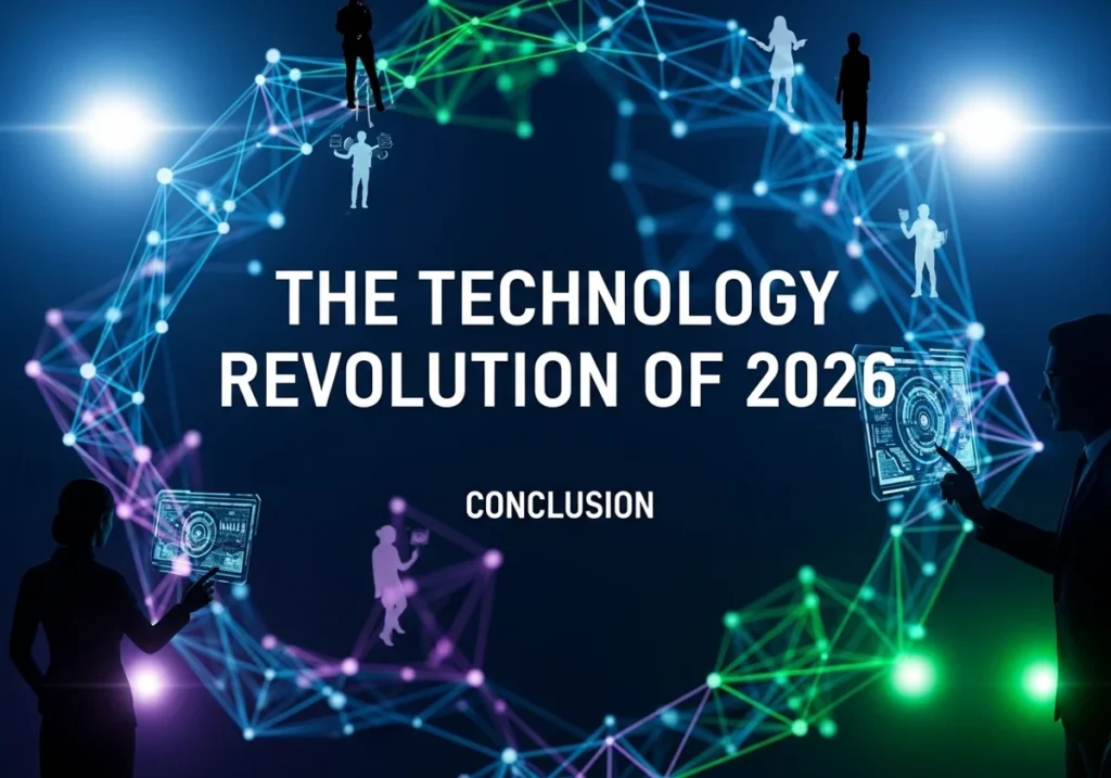 Futuristic digital network with text 'The Technology Revolution of 2026 Conclusion'.