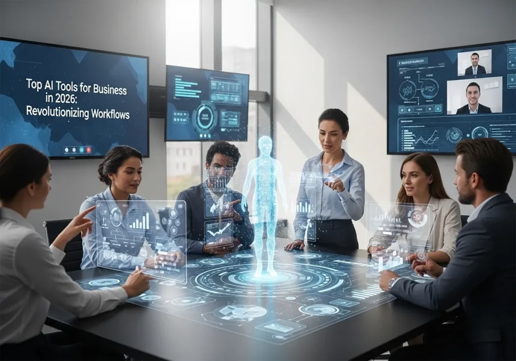 A professional team in a futuristic boardroom using a 3D hologram interface and the best AI tools for business to analyze data.