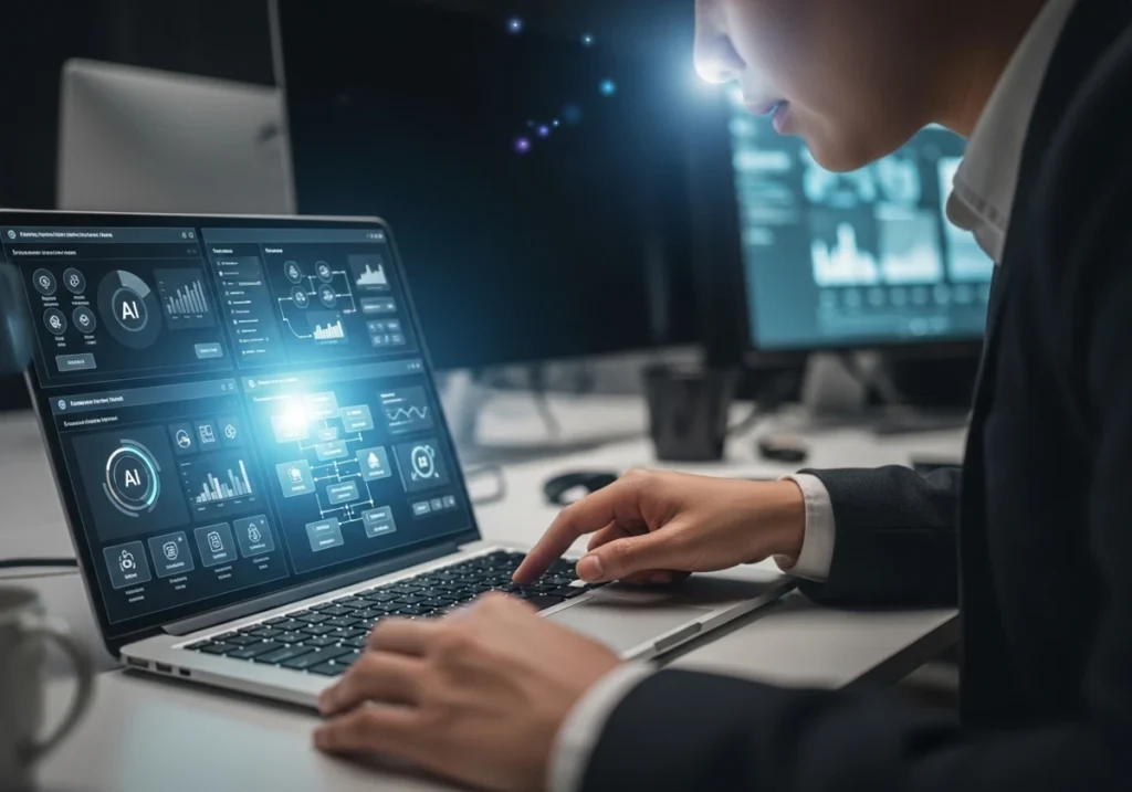 A professional working on a laptop displaying futuristic AI data dashboards and analytics in a dark office.