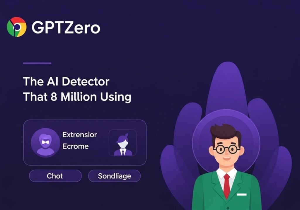 A purple-themed graphic for GPTZero featuring the headline "The AI Detector That 8 Million Using" with a cartoon man in a green suit.
