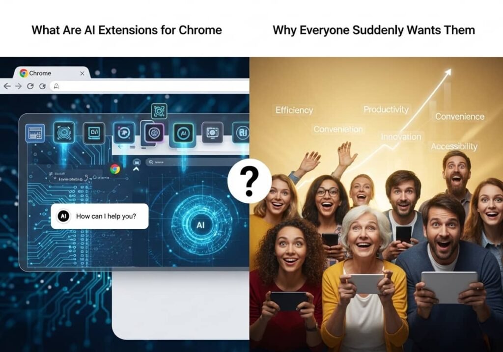 Best AI Chrome extensions interface and excited users showing efficiency and productivity benefits.