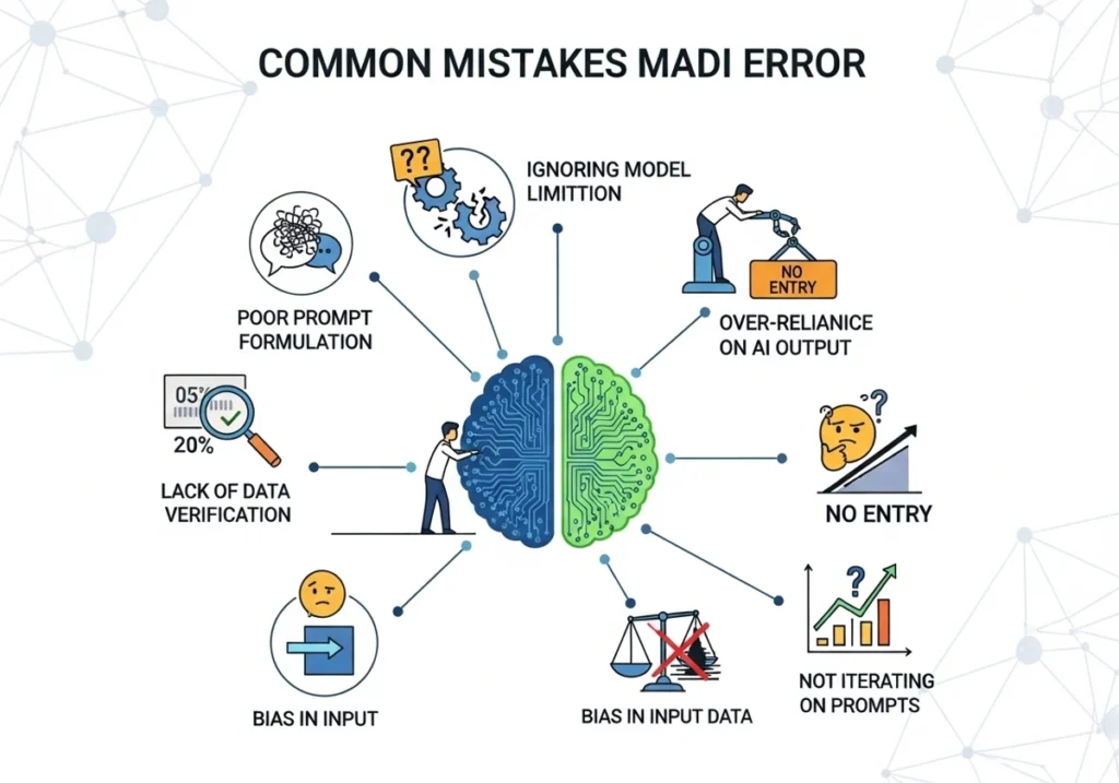 An infographic showing common AI mistakes like poor prompting, lack of verification, and over-reliance, centered around a human brain icon.