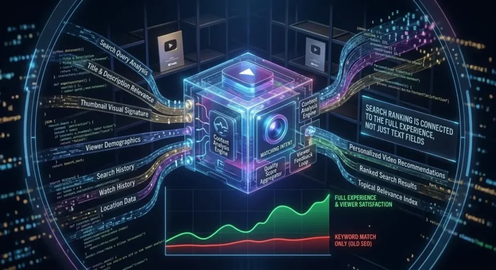 An infographic explaining how to rank YouTube videos by focusing on user intent, engagement data, and AI-driven content analysis instead of keywords alone.