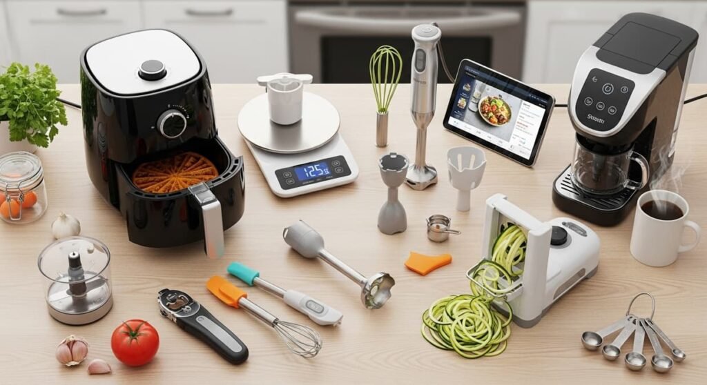 Cooking is Too Hard? See Best Kitchen Gadgets 2026 for Home Cooks Best Kitchen Gadgets A variety of modern appliances like an air fryer, coffee maker, and spiralizer on a wooden table.