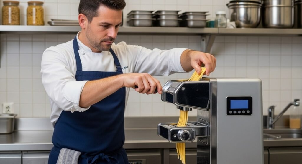Chef making fresh pasta with a modern machine.
