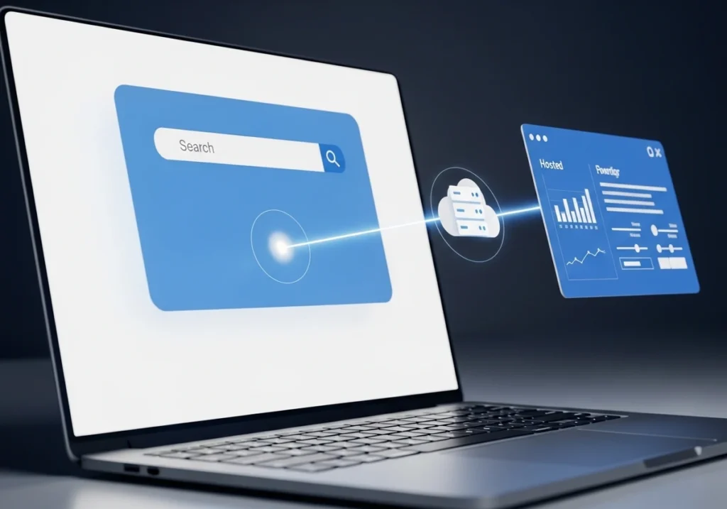Cloud-connected website search interface illustrating search SaaS and hosted search services.