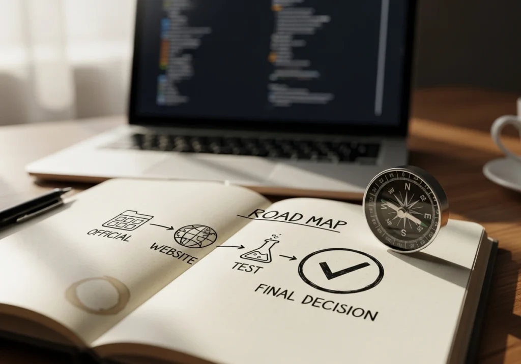 Decision roadmap showing discovery, verification, testing, and final choice when using GoseBoze AI tools.