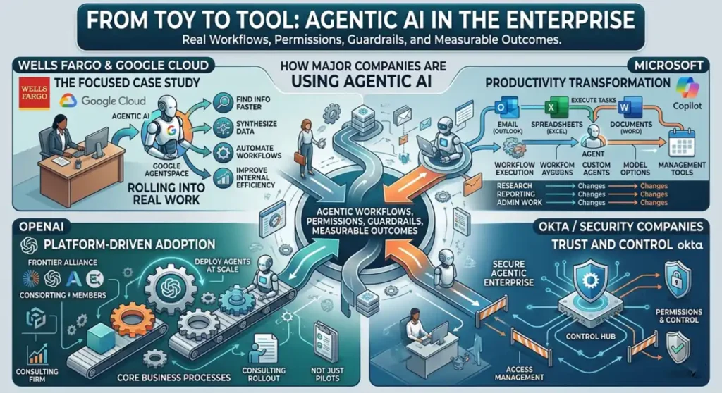 An enterprise infographic showing how Wells Fargo, Microsoft, OpenAI, and Okta are deploying Agentic AI for real workflows, productivity, and security with measurable outcomes.