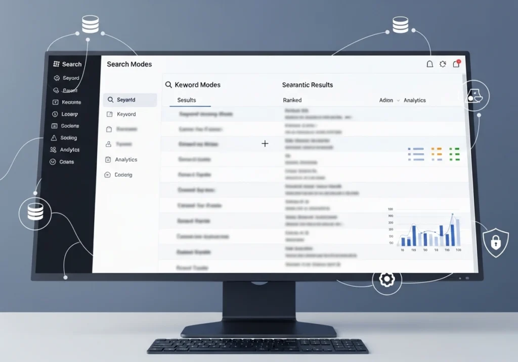 Enterprise search engine software dashboard concept showing security, connectors, ranking, and analytics in one system.
