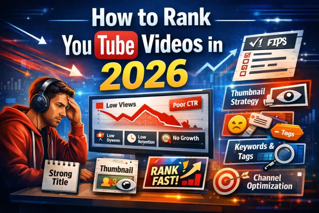 How to rank YouTube videos in 2026 featured image showing a frustrated creator reviewing low views, poor CTR, low retention, and channel optimization.
