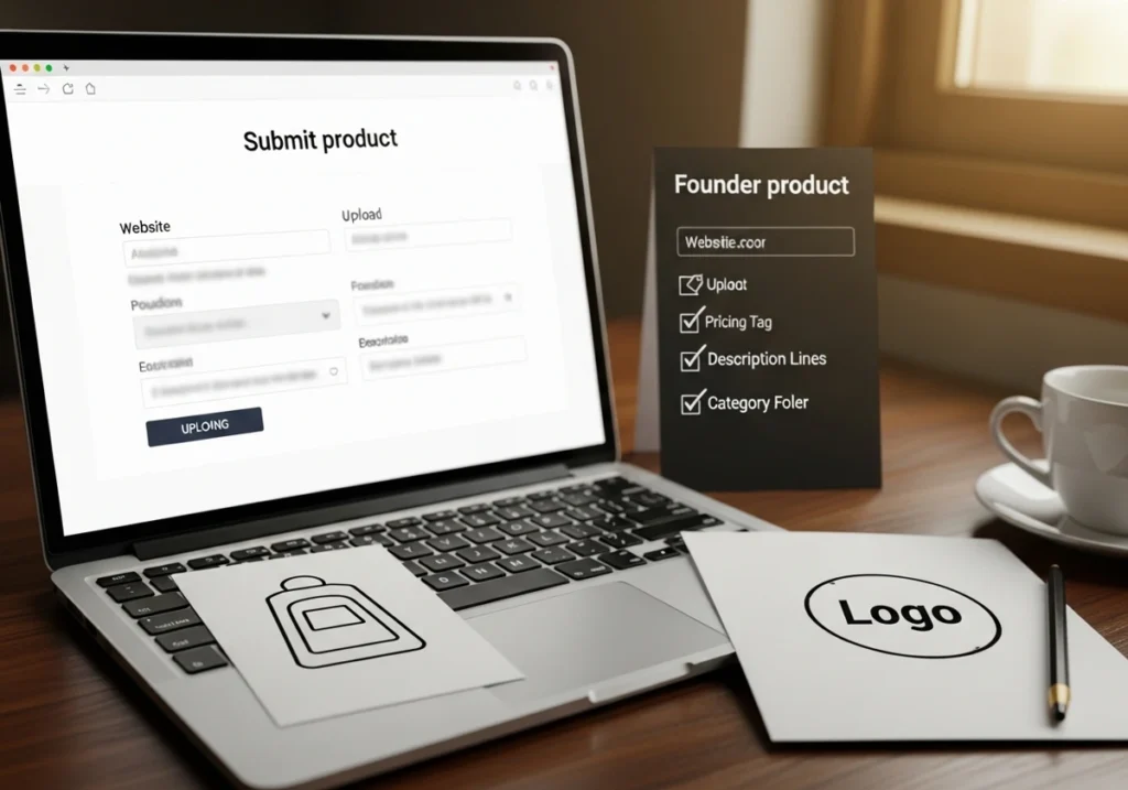 Founder preparing a product submission form and checklist, representing listing a tool on the GoseBoze directory.