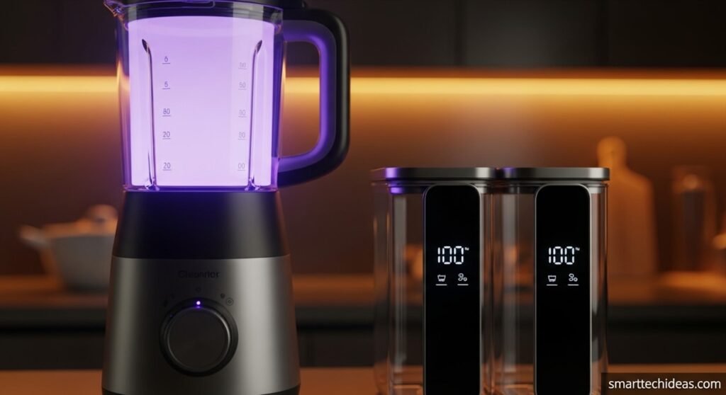 Futuristic purple glowing blender and smart storage with smarttechideas.com watermark.