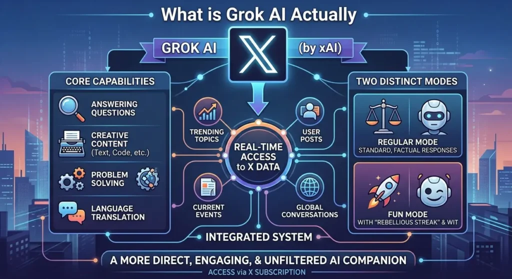 An infographic explaining Grok AI by xAI. It illustrates Core Capabilities (answering questions, content, problem-solving, translation), its connection to real-time data from X (Trending Topics, User Posts, etc.), and its two response modes: Regular (factual) and Fun (witty and rebellious).