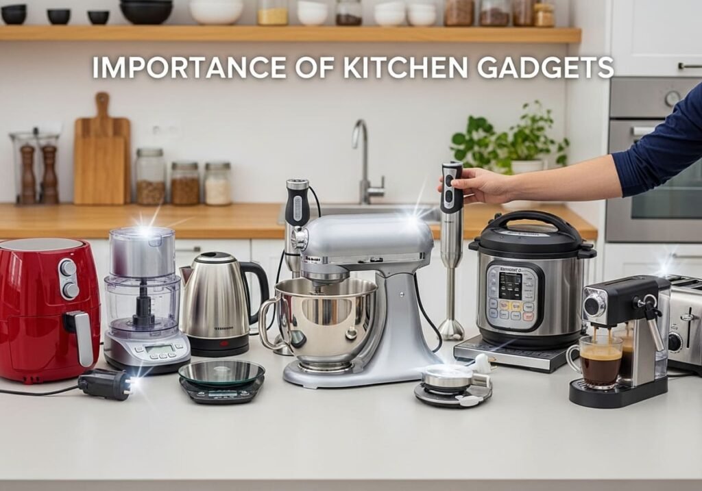 Collection of various modern kitchen appliances on a counter.
