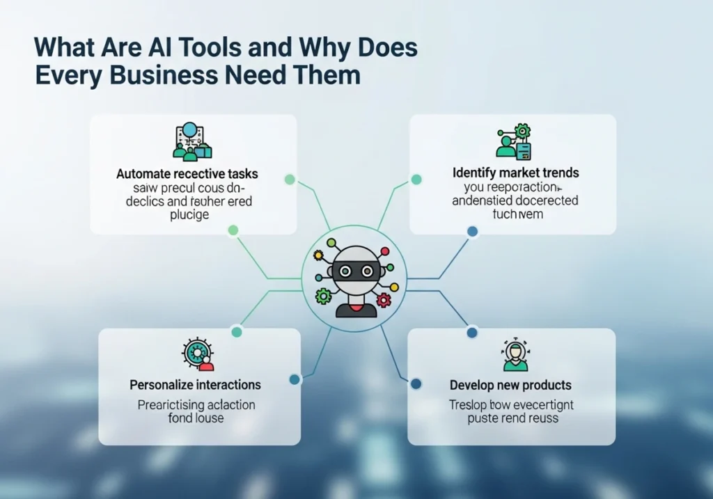 Infographic showing four key benefits of AI tools for businesses, including automation, market trends, personalization, and product development.