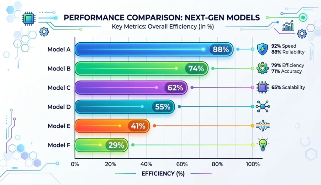 A tech infographic comparing the performance of next-gen models. It features a horizontal bar chart showing efficiency from 0% to 100%. There are six different models: Model A (highest at 88%), Model B (74%), Model C (62%), Model D (55%), Model E (41%), and Model F (lowest at 29%). The chart is labeled 'Overall Efficiency'.