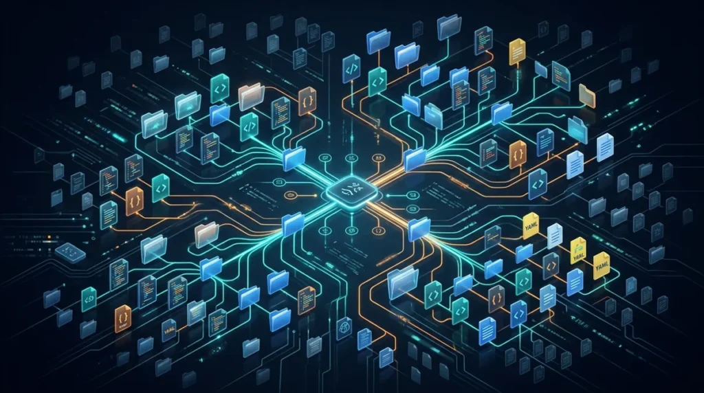 A network of interconnected digital folders and files on a dark background.