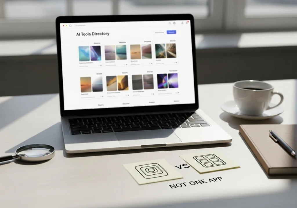 GoseBoze AI Tools: A Clear Guide to the GoseBoze AI List (and How to Find Search SaaS + Enterprise Search Technology) Laptop showing an AI tools directory layout, illustrating that GoseBoze AI tools refers to a directory list, not a single app.