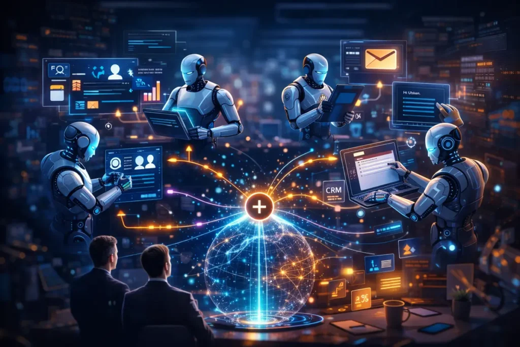 Illustration of multiple AI agents coordinating tasks like research, verification, email drafting, and CRM updates in a futuristic business workflow.