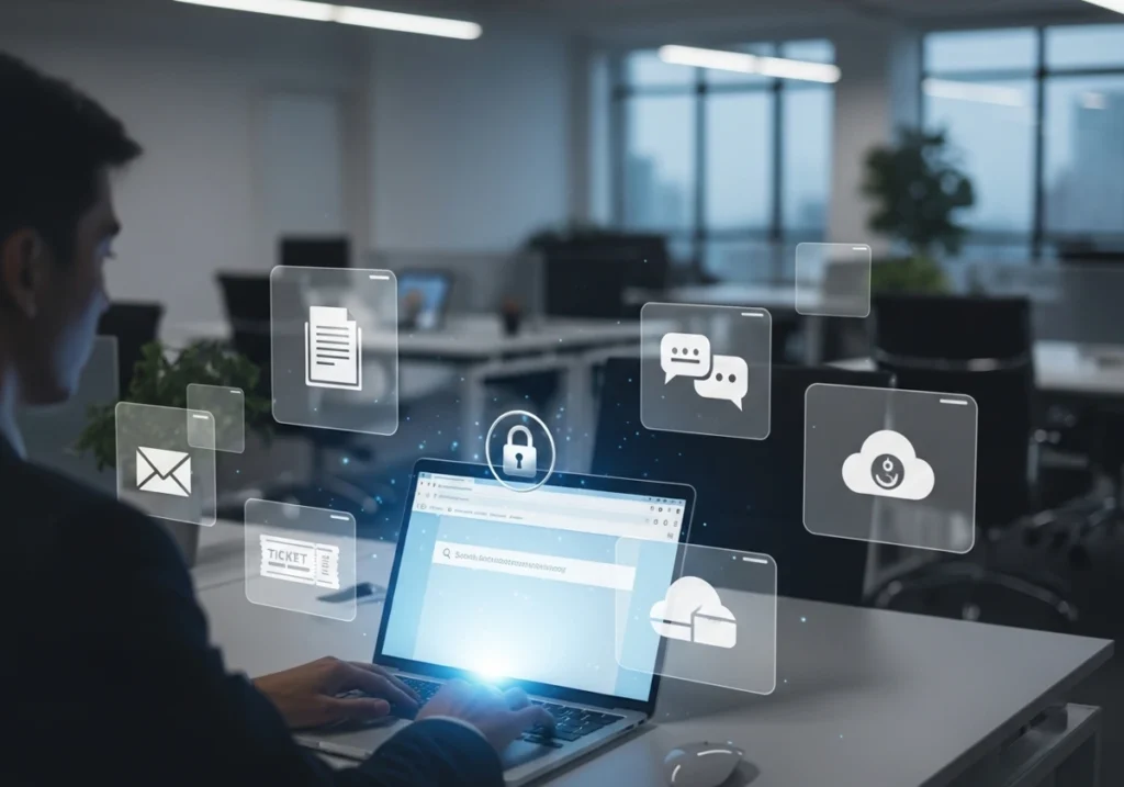 Office worker searching across multiple internal systems, representing enterprise search technology with permission control.