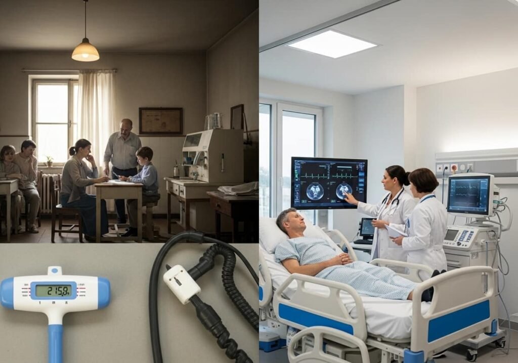 Old simple clinic on one side and modern hospital with digital machines on the other showing medical Impact of technology progress.