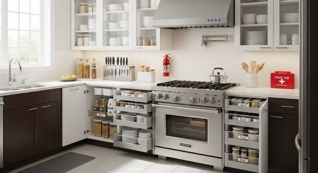 Organized modern kitchen with safety tools.