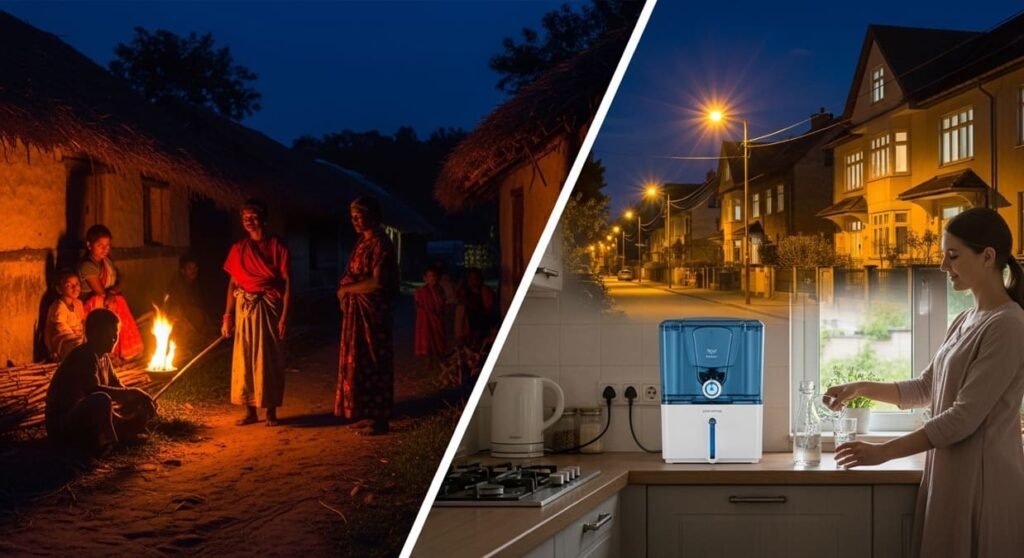 Past village night with fire lamps on one side and modern electric lights and clean drinking water from a purifier on the other.