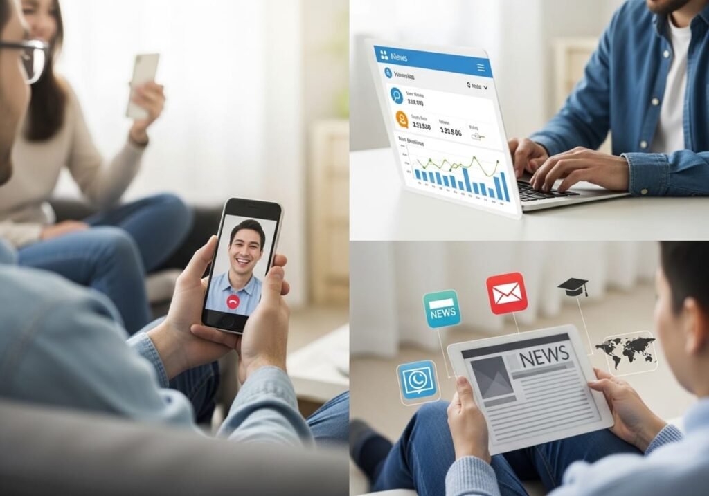 People in a living room using phone, laptop and tablet for video calls, social media earnings and online information.