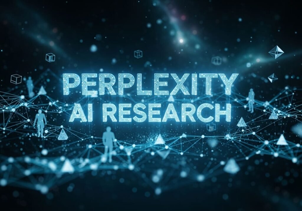 Perplexity AI Research digital glowing text on a blue futuristic network background.
