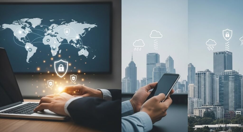 “Person using secure laptop and phone with digital shield icons, global security map and safe modern city buildings in the background.