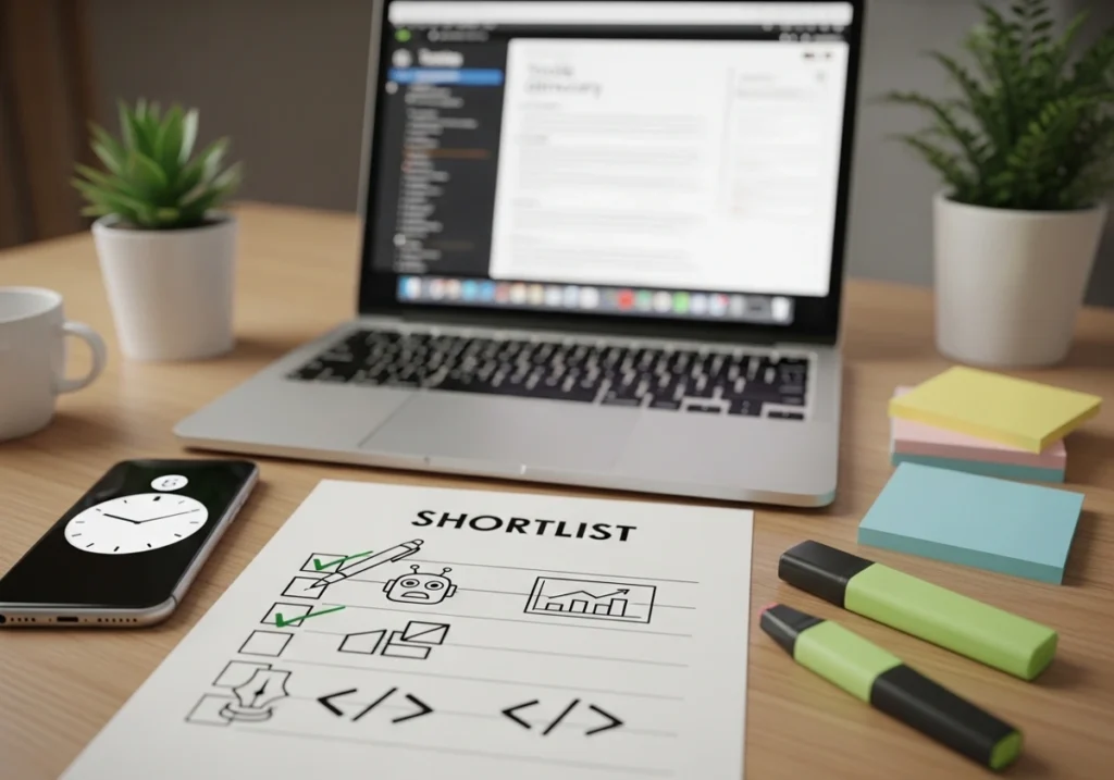 Shortlist workflow on a desk with a laptop and checked notes, showing how to pick GoseBoze AI tools without scrolling forever.