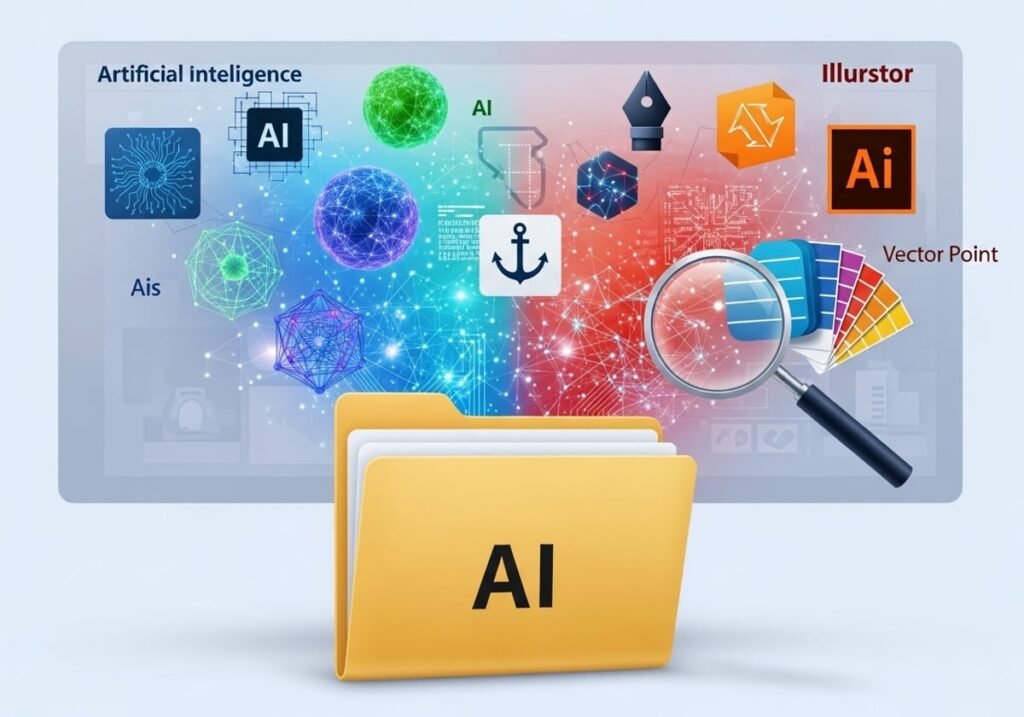 Illustrative graphic comparing Artificial Intelligence symbols with Adobe Illustrator AI file extensions and vector design tools.