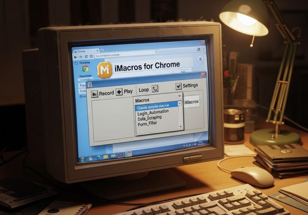 Vintage CRT monitor displaying iMacros for Chrome automation tool with data scraping and login macros options.