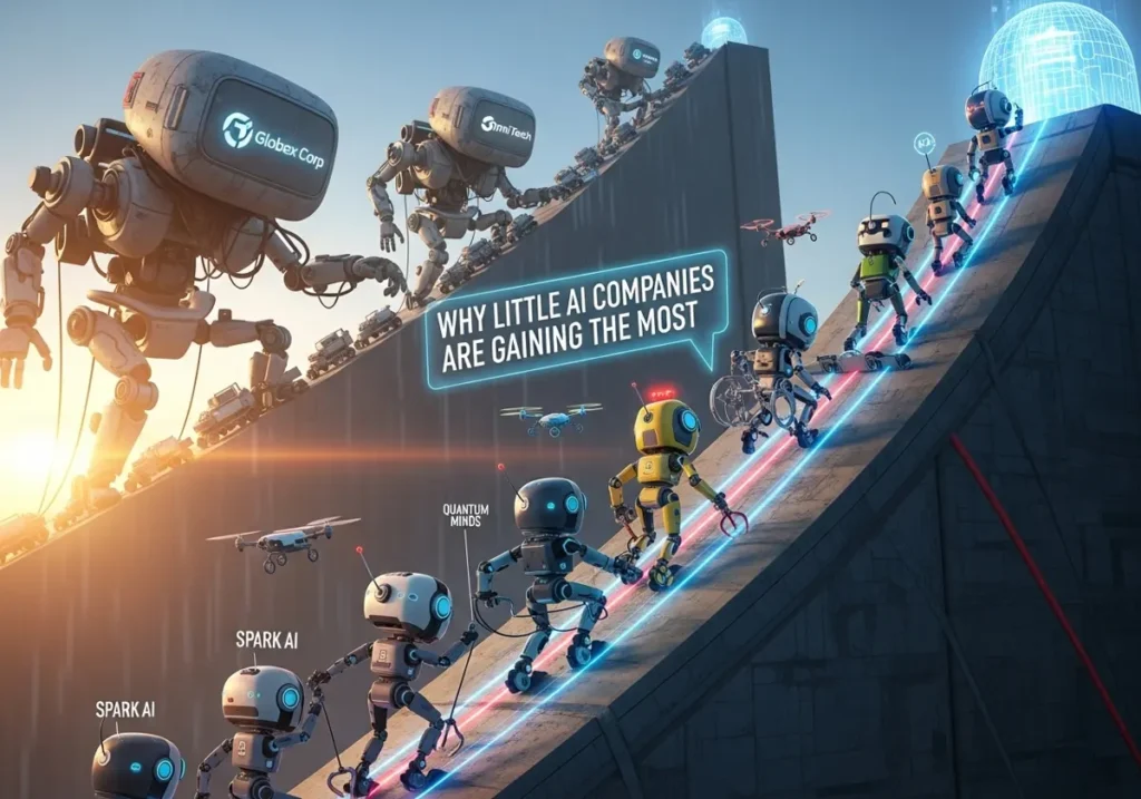 A digital illustration of small, agile robots outperforming large corporate robots on a steep incline, representing small AI companies' growth.