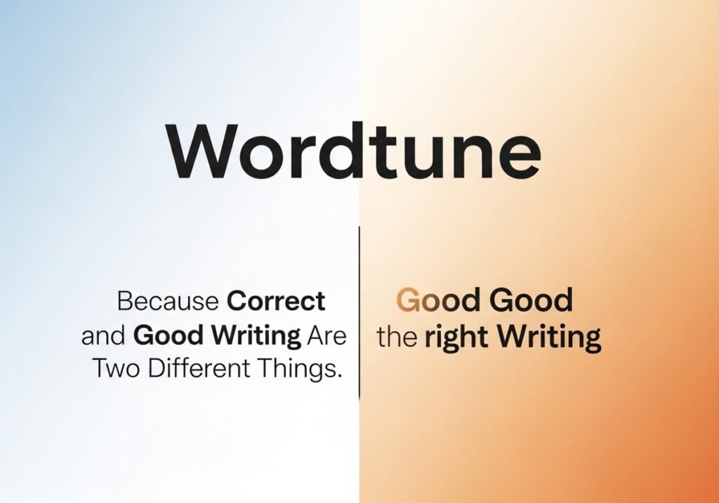 Wordtune AI writing tool slogan on a split blue and orange background.