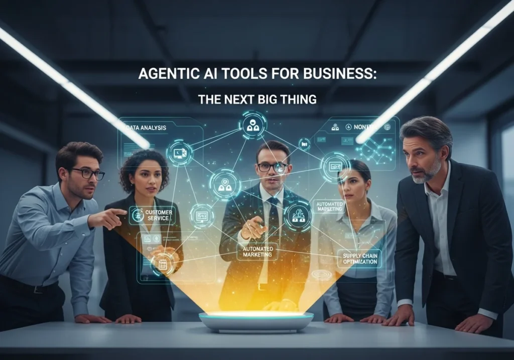 A team interacting with a futuristic dashboard that features agentic workflows, showcasing the best AI tools for business automation in 2026.