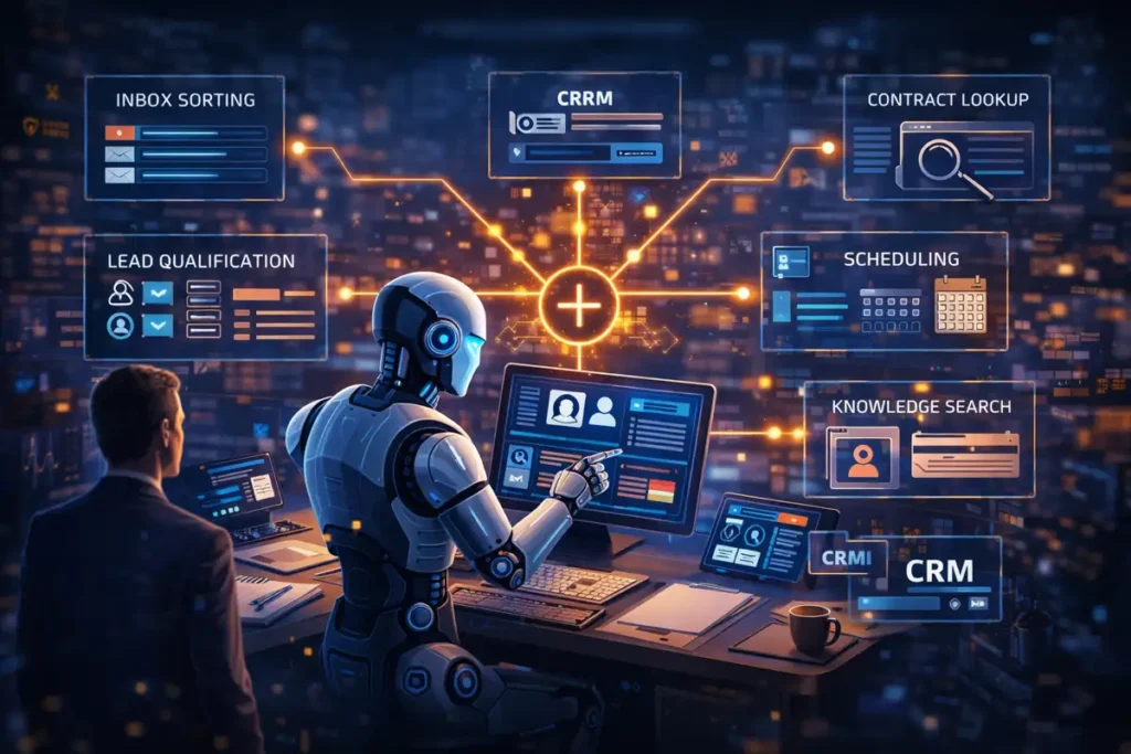 Illustration of a robotic AI assistant automating business workflows like inbox sorting, lead qualification, customer support, and scheduling while a human observes.