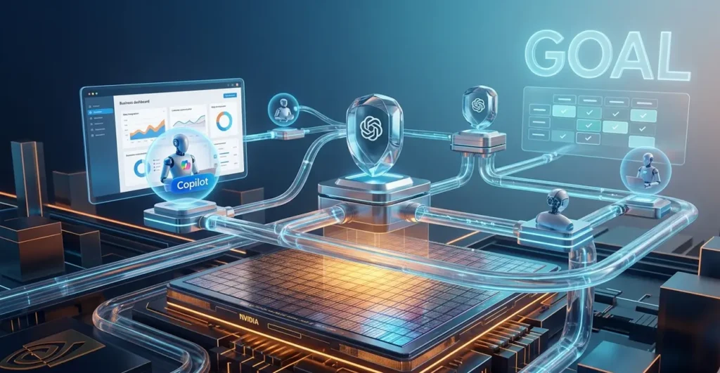 A high-tech visualization of an AI ecosystem where hardware chips like Nvidia power software layers from OpenAI and Microsoft, showing interconnected data flows that enable complex, multi-step AI task execution.