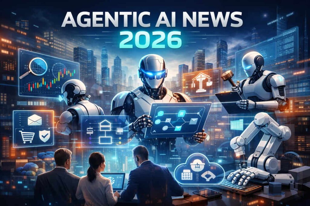 Agentic AI News: Latest Trends, Business Use Cases, and Updates in 2026 A digital banner titled "Agentic AI News 2026" set against a futuristic city background. Multiple robots are shown performing specialized tasks like data analysis, legal work, and logistics alongside humans in a professional setting.