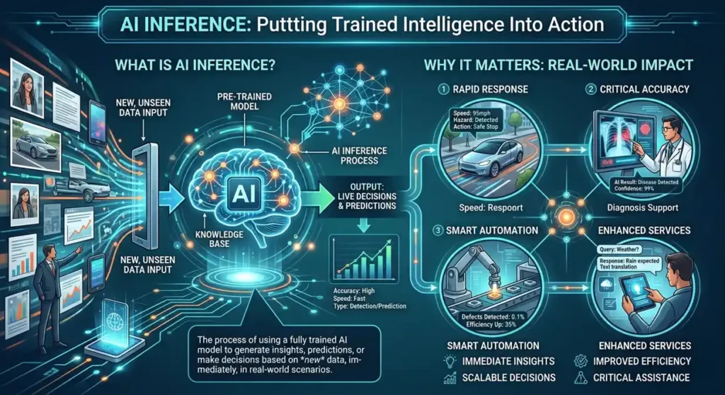 An infographic illustrating AI inference processing new data with a central AI brain, and its real-world impact across rapid response, diagnosis support, smart automation, and enhanced services.