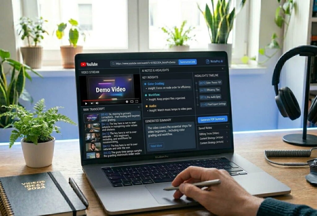 AI summary tool generating notes from YouTube video transcript using how to see transcript on YouTube workflow