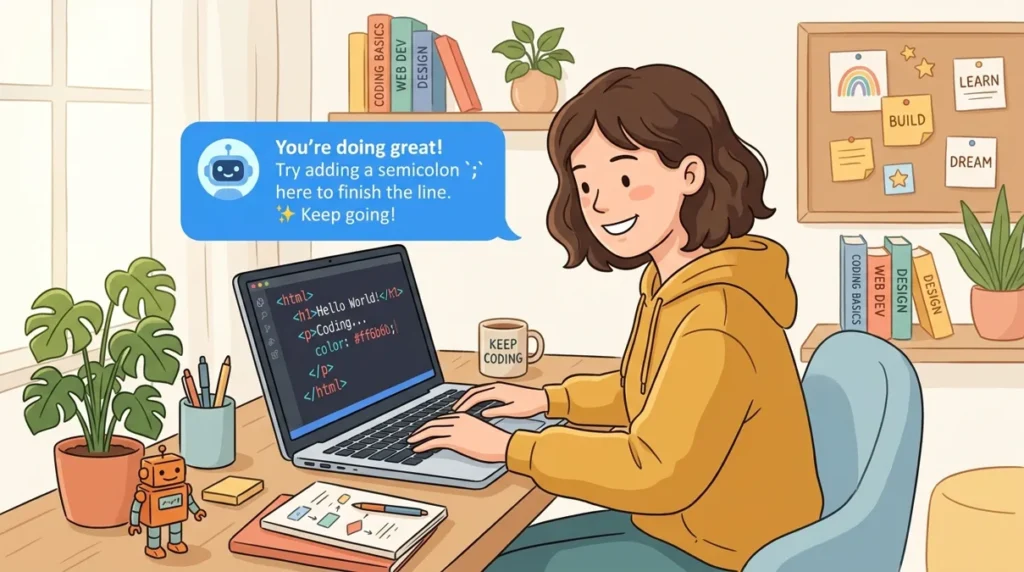 A smiling young woman in a yellow hoodie is coding on a laptop at a sunny desk. A blue AI chat bubble above the computer provides encouraging feedback and coding advice, amidst a friendly room with plants and books